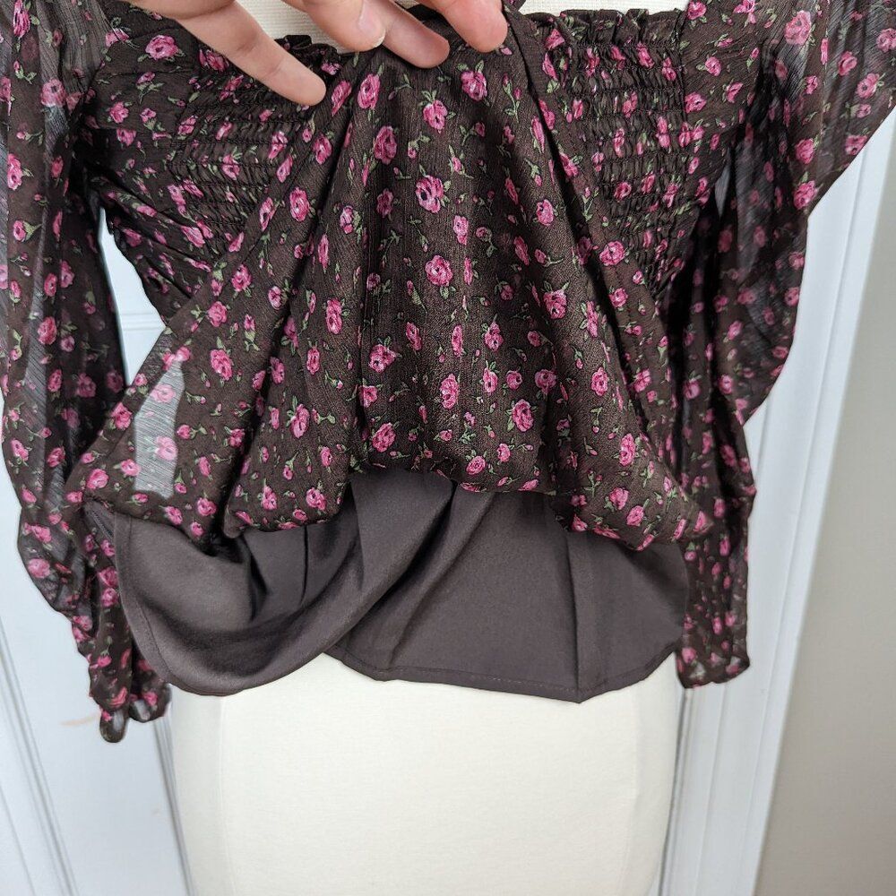 ASTR the Label Floral Print Smocked Babydoll Top in Brown Pink Ditsy - Picture 8 of 9